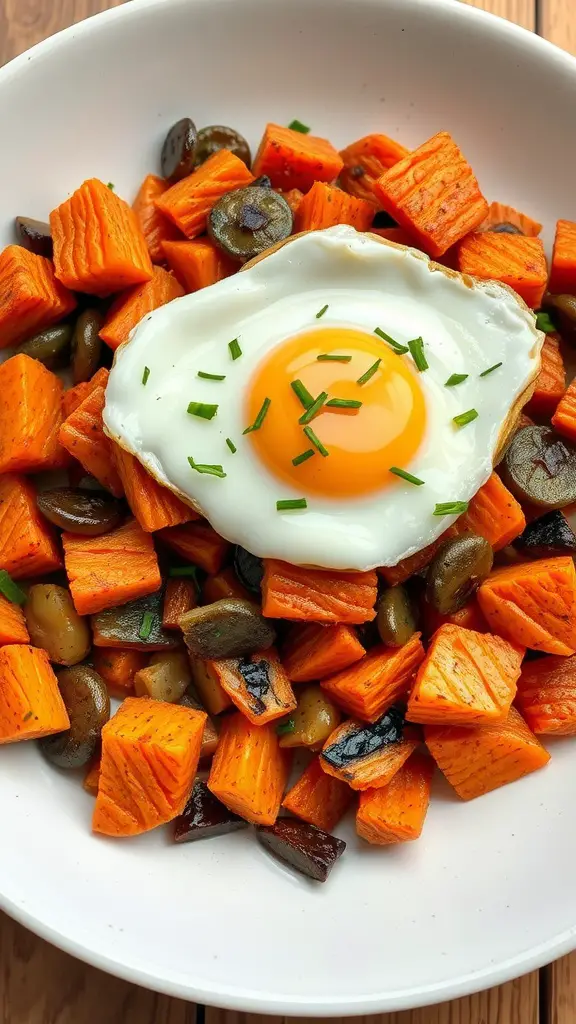 A delicious serving of salmon and sweet potato hash topped with a fried egg and garnished with chives.