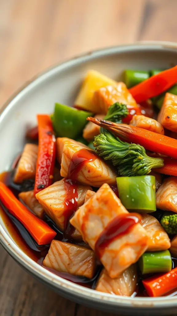 A colorful bowl of salmon and vegetable stir-fry with a mix of bell peppers, broccoli, and carrots