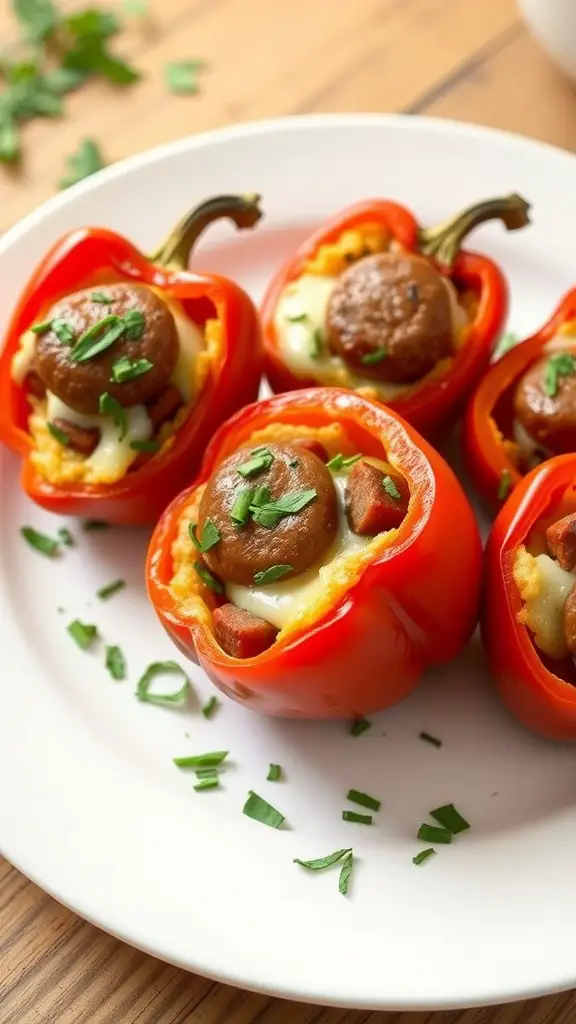 Delicious sausage-stuffed mini peppers on a white plate.