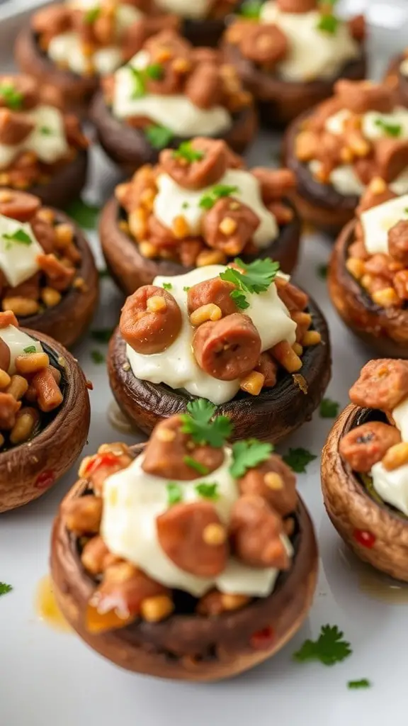 Plate of sausage-stuffed mushrooms topped with cream cheese and parsley