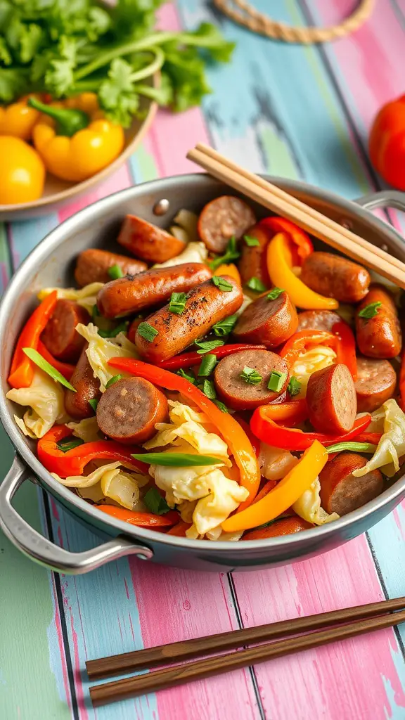 A colorful sausage and cabbage stir-fry with various vegetables.