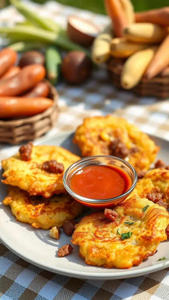 Delicious sausage and corn fritters served with dipping sauce.