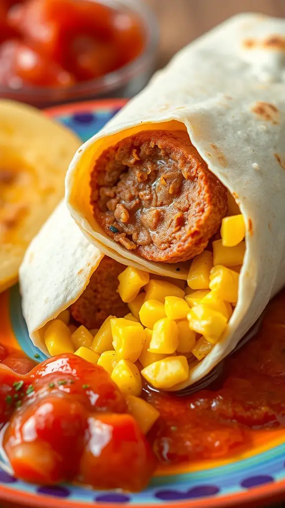 Delicious sausage and egg breakfast burritos served with fresh mango.