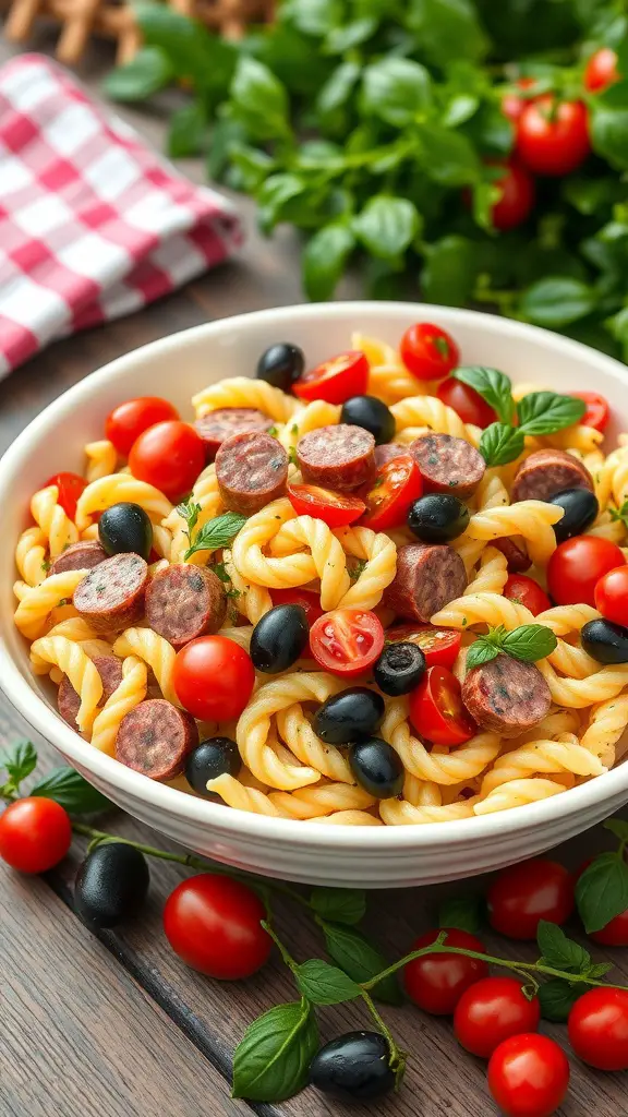 A bowl of sausage and pasta salad with cherry tomatoes, black olives, and fresh herbs