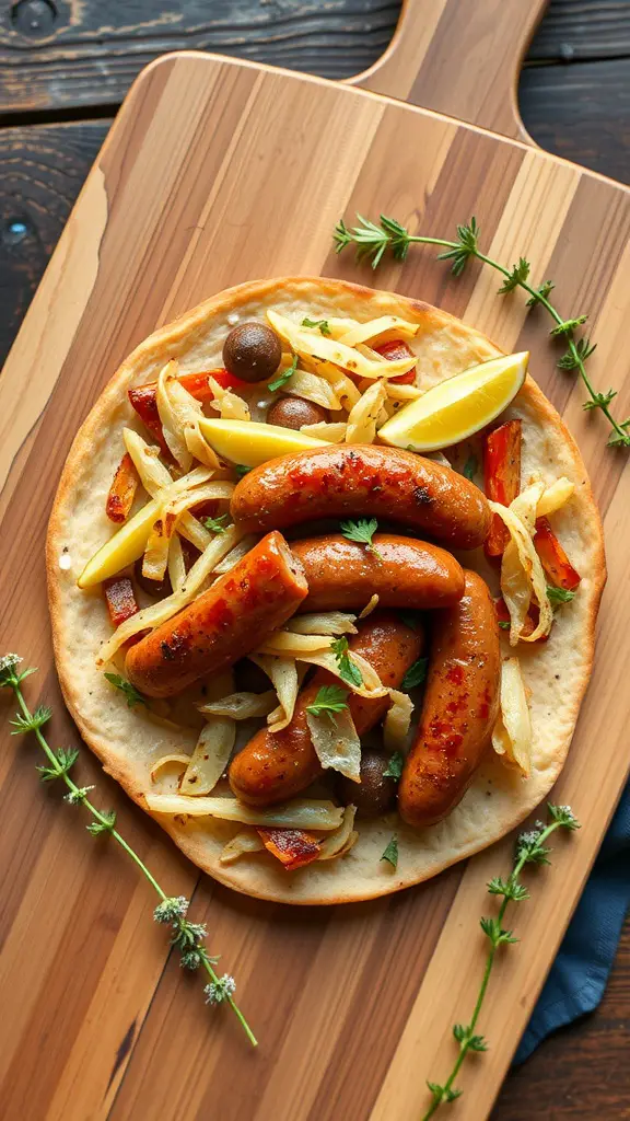 Sausage and sauerkraut flatbread on a wooden board