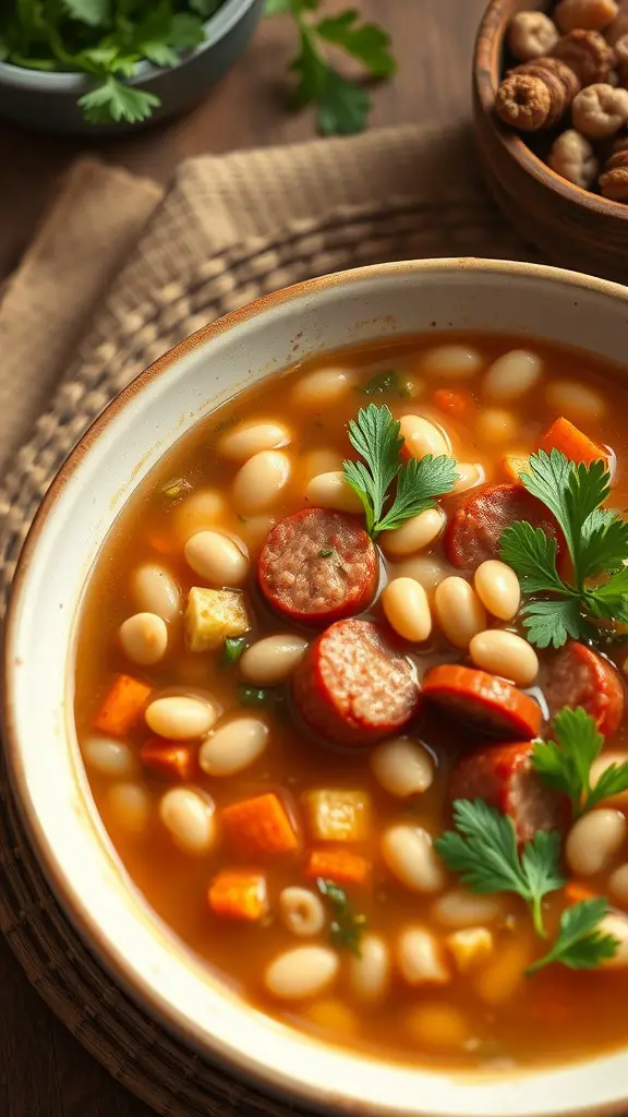 A bowl of hearty sausage and white bean soup garnished with parsley