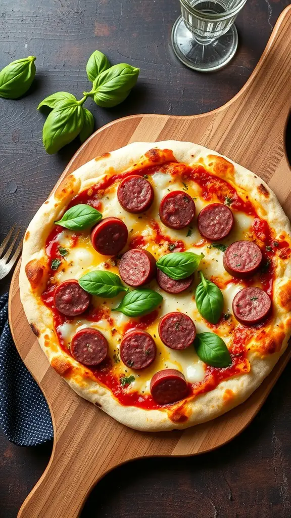Sausage pizza with fresh basil on a wooden pizza board