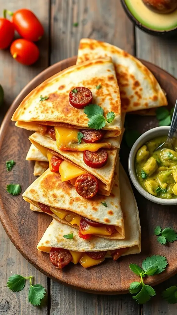 Sausage quesadillas with avocado salsa on a wooden platter.