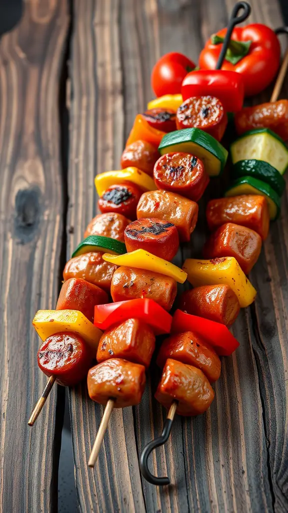 Colorful skewers of sausage and vegetables on a wooden surface.