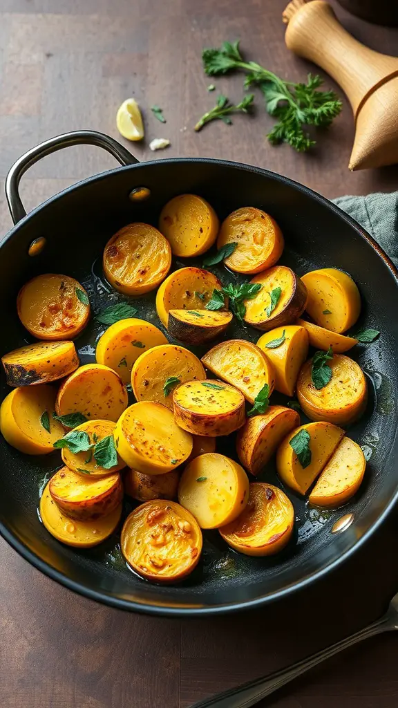 A skillet filled with sautéed yellow squash, garlic, and herbs.