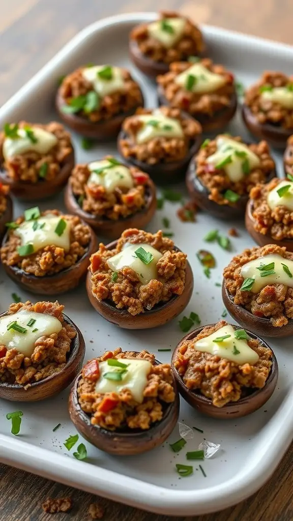 Savory beef and cheese stuffed mushrooms on a platter.