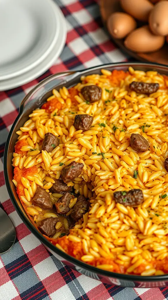 A delicious beef and rice casserole dish, perfect for family meals.