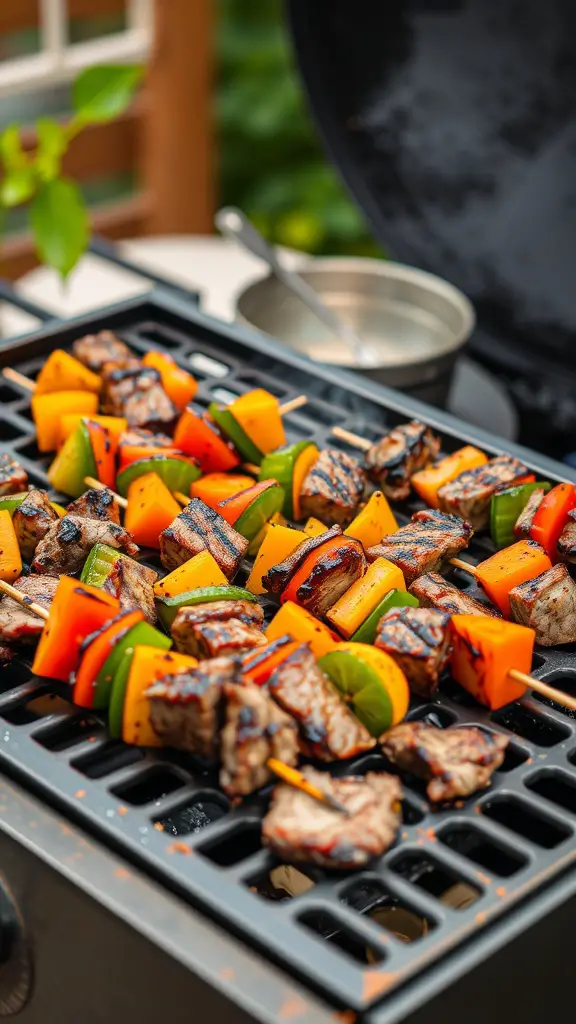 Grilled beef and vegetable skewers on a barbecue grill, showcasing colorful bell peppers, zucchini, and onions.