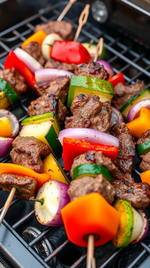 Savory beef kebabs with colorful vegetables on a grill