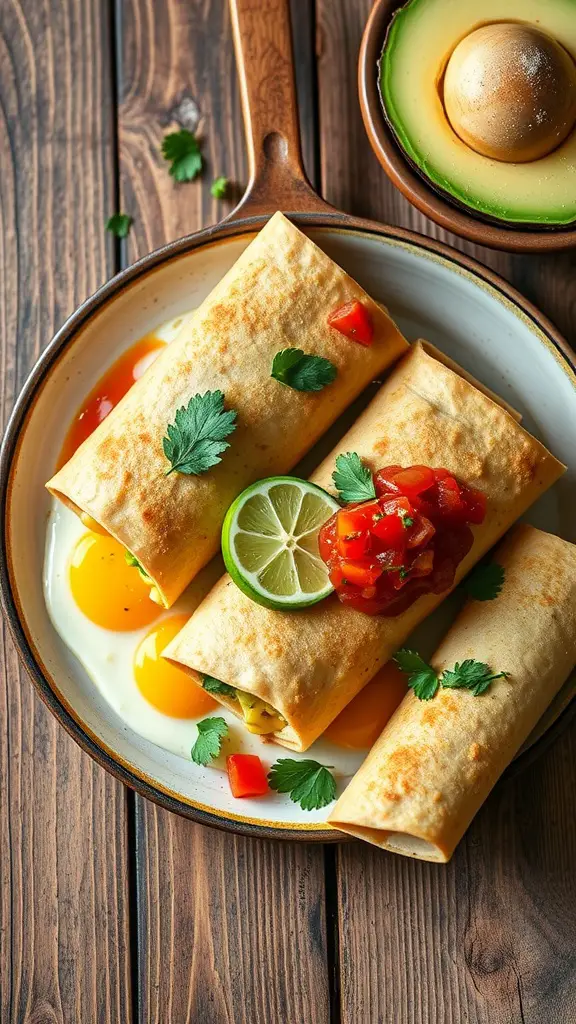 Savory breakfast burritos filled with eggs, avocado, and colorful veggies.