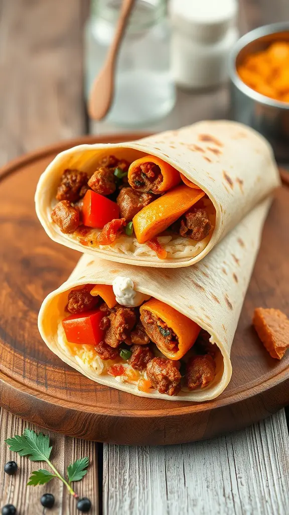 Savory breakfast burritos filled with spicy chorizo and fresh vegetables on a wooden plate