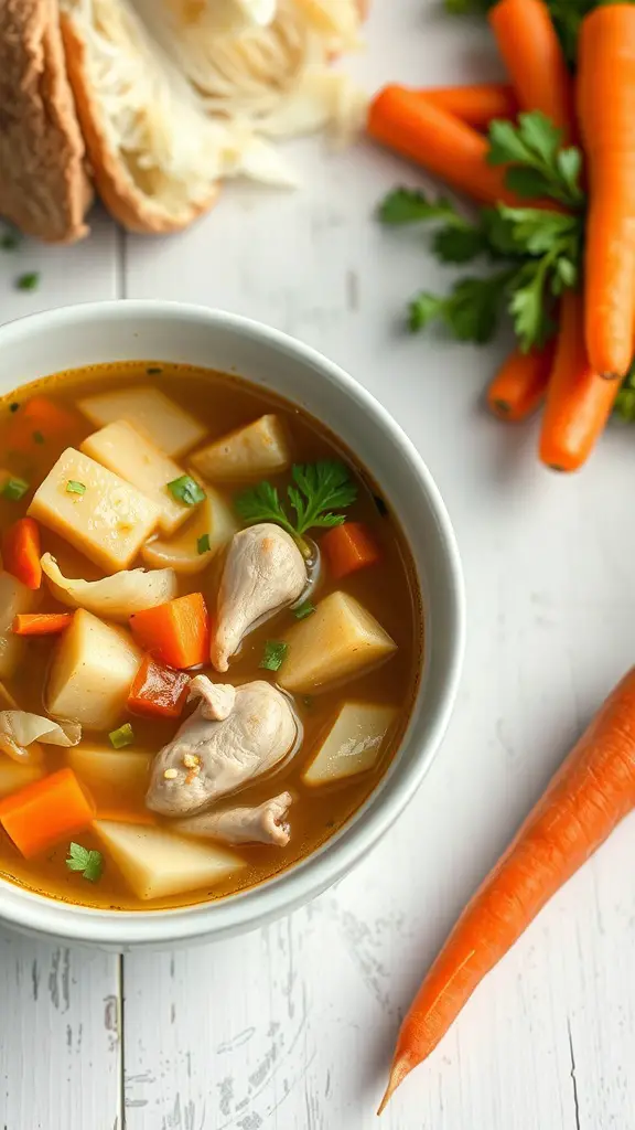 A bowl of savory cabbage and chicken soup with vegetables.