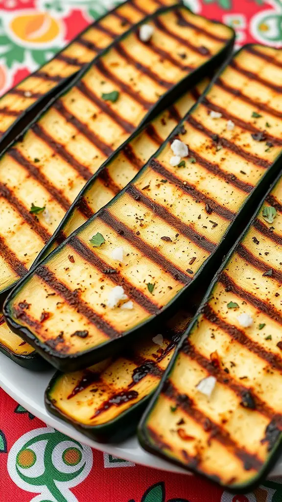 Grilled zucchini planks garnished with herbs