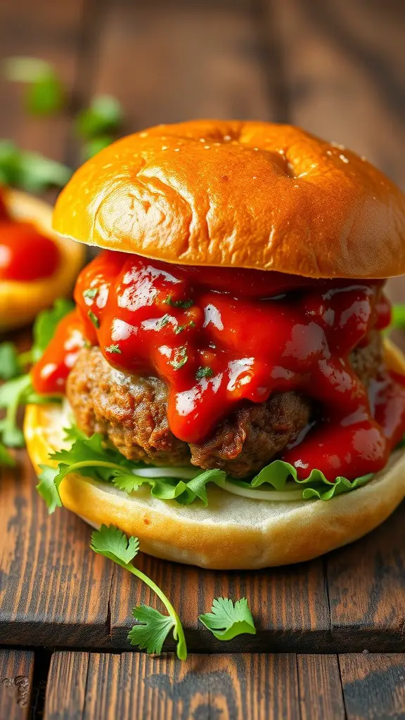 Savory Italian Meatball Burger with Marinara on a wooden board garnished with fresh ingredients.