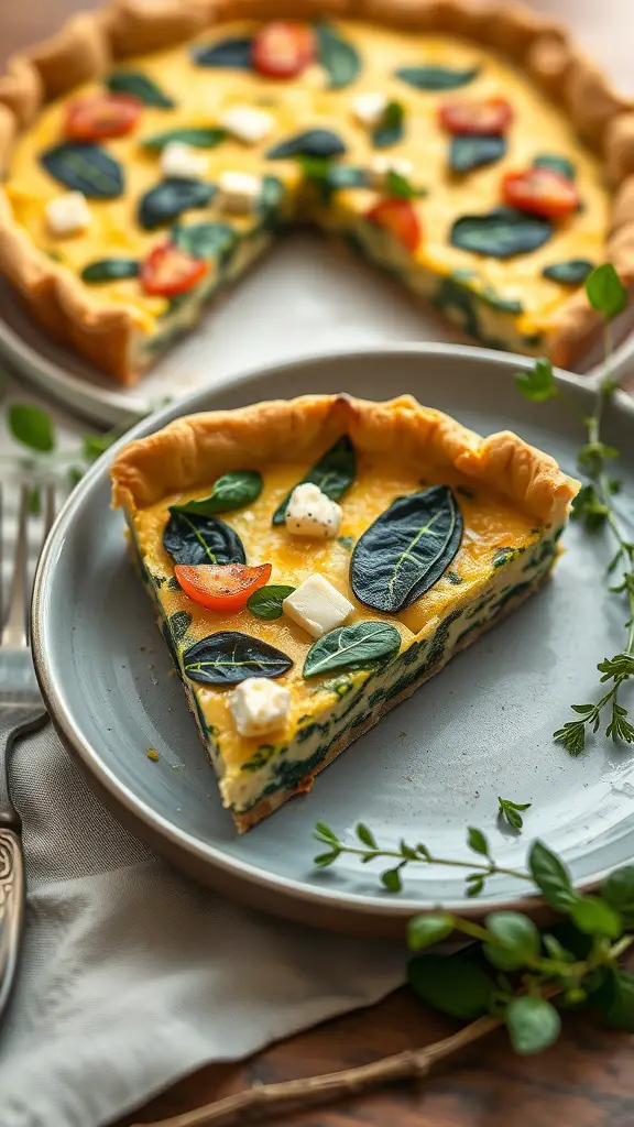 Savory quiche slice with spinach and feta on a plate