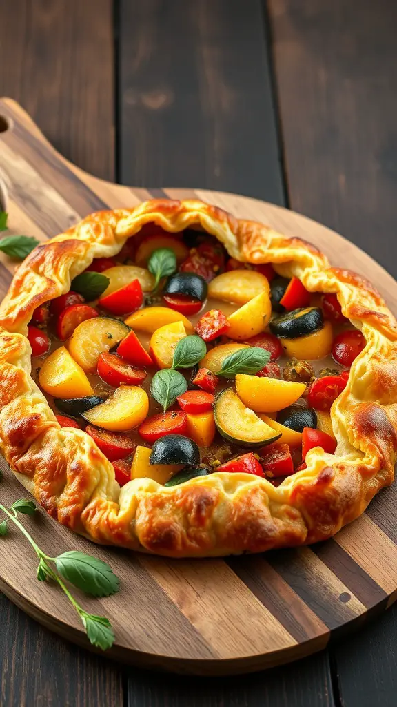 Savory ratatouille galette with colorful vegetables and a golden crust