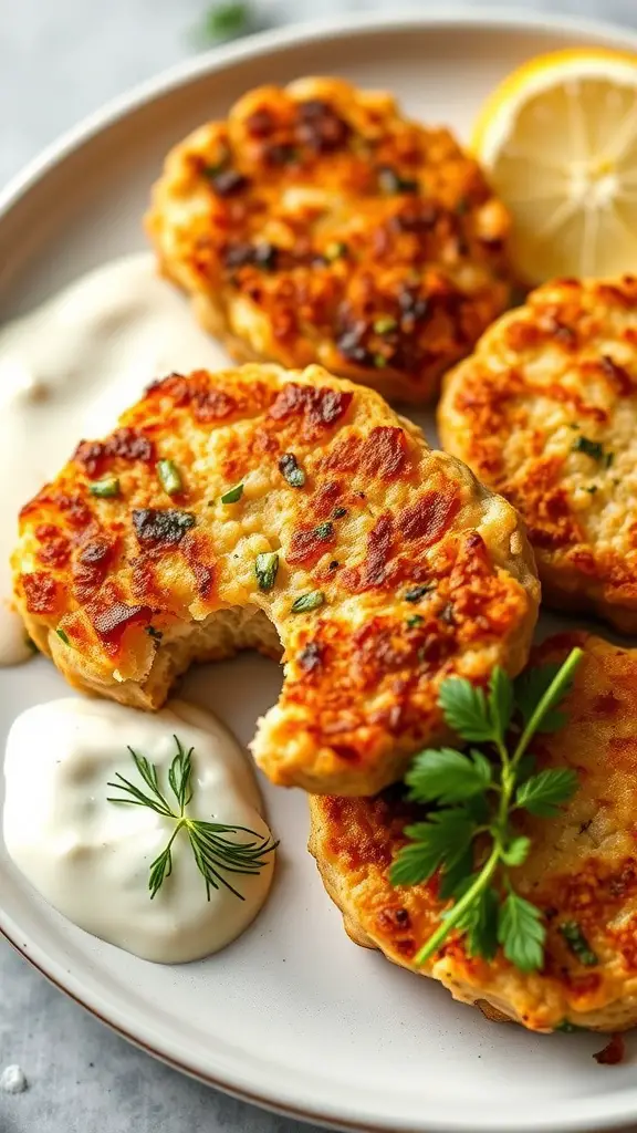 Savory salmon cakes on a plate with a side of dill sauce and lemon wedges.