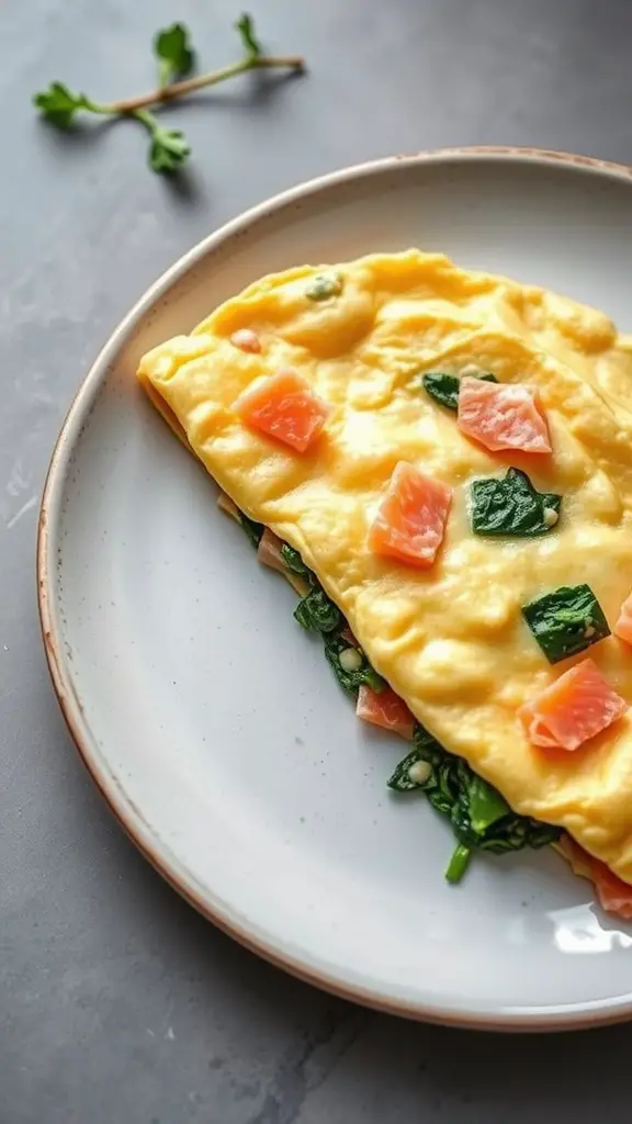 A plated omelette filled with spinach and salmon.