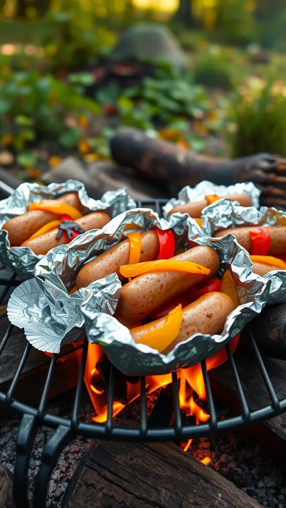 Savory sausage and peppers foil packets cooking on a grill