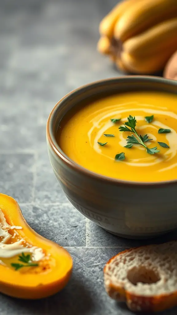 A bowl of creamy summer squash soup garnished with parsley, with a slice of squash and bread on the side.