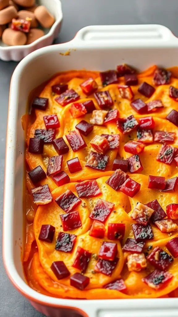 A close-up of savory sweet potato and bacon gratin in a baking dish, showcasing layers of sweet potatoes and crispy bacon.
