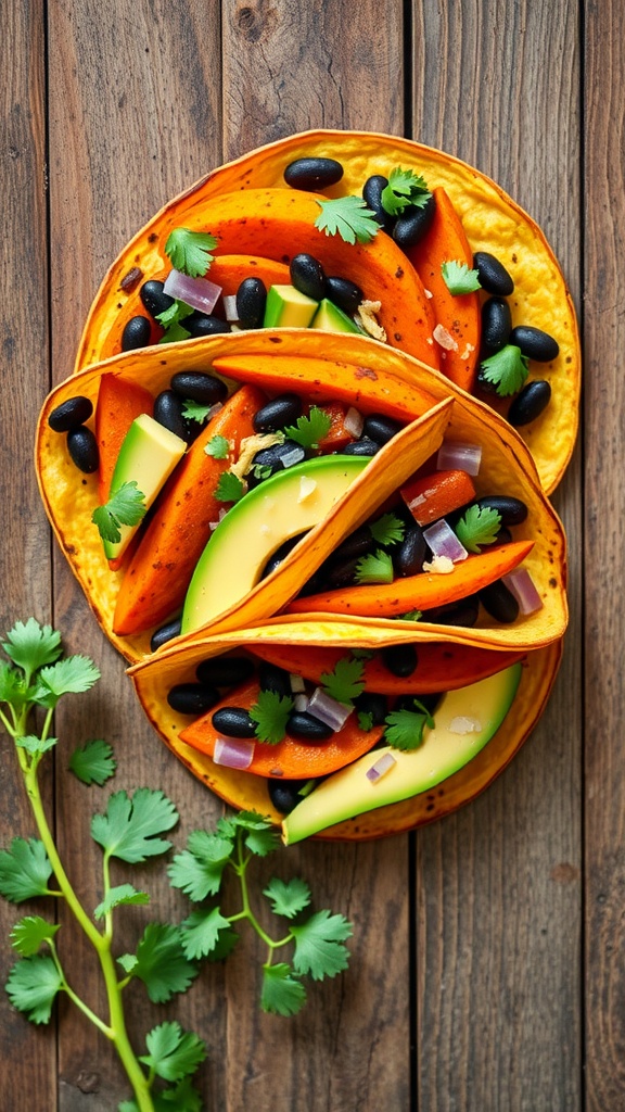 Savory sweet potato tacos with black beans and avocado on wooden table.