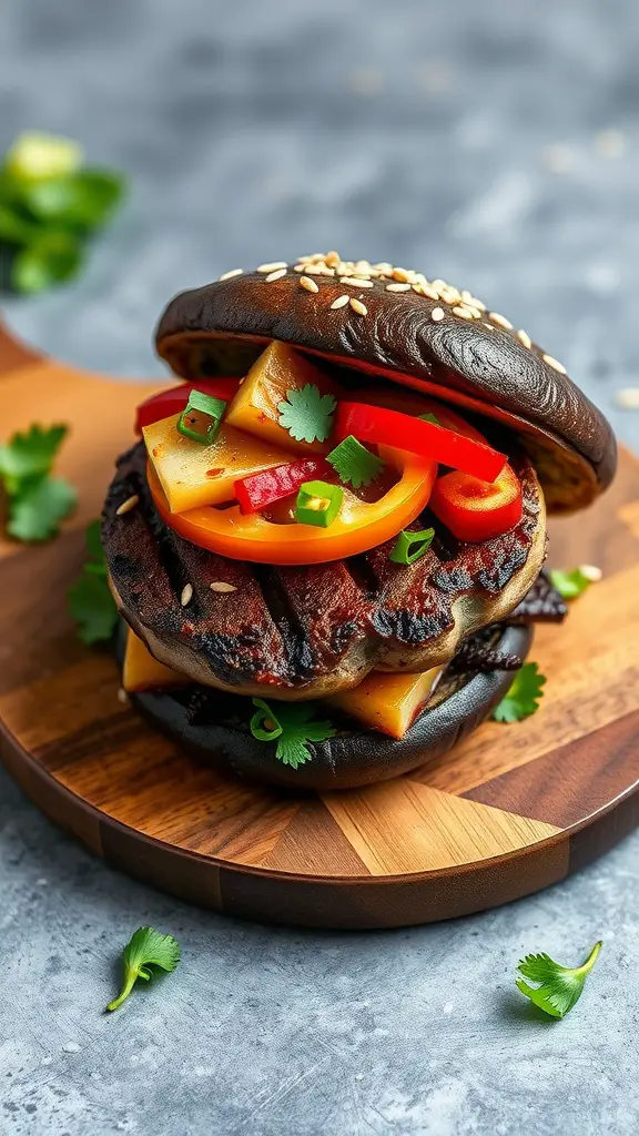 Savory Teriyaki Portobello Burgers with grilled mushrooms and fresh vegetables