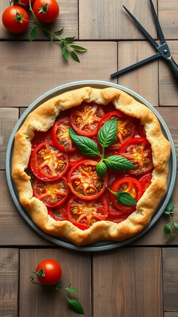 Savory Tomato Tart with fresh herbs and tomatoes, displayed on a rustic wooden surface.