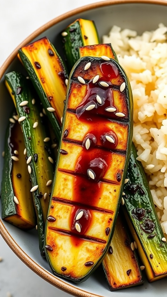 Grilled zucchini slices with sesame seeds and sauce