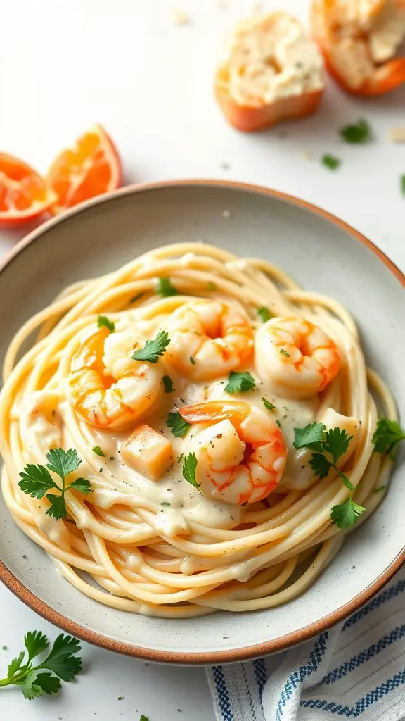 A plate of Shrimp Alfredo with Cauliflower Pasta garnished with parsley.