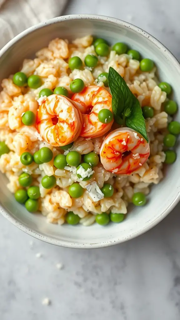 A bowl of shrimp and pea risotto garnished with basil