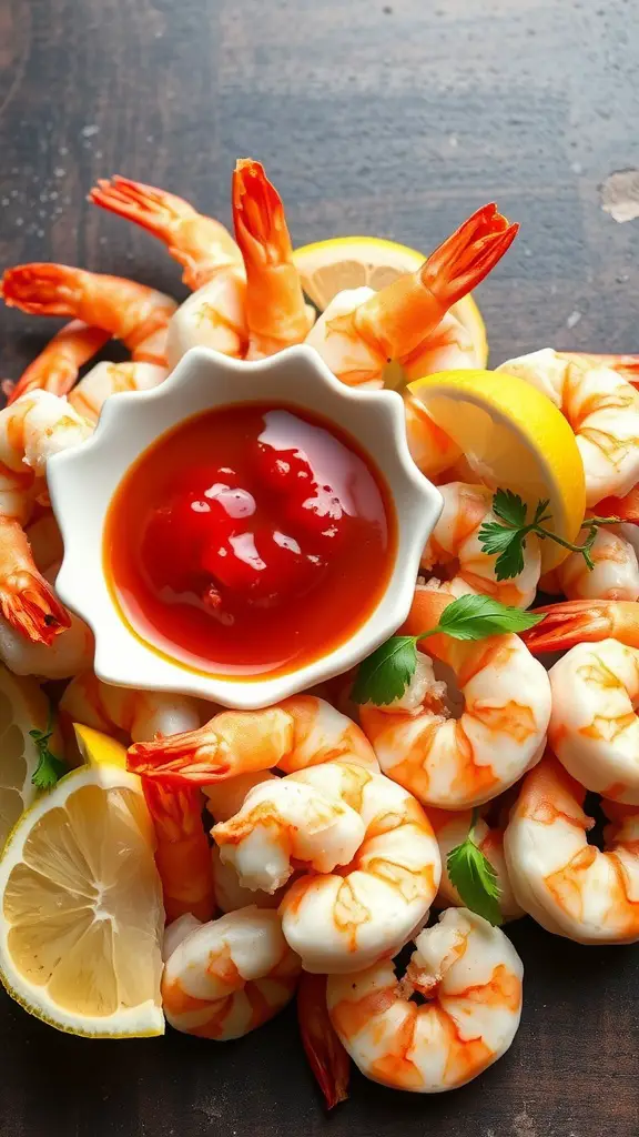 A plate of shrimp cocktail with spicy sauce and lemon wedges.