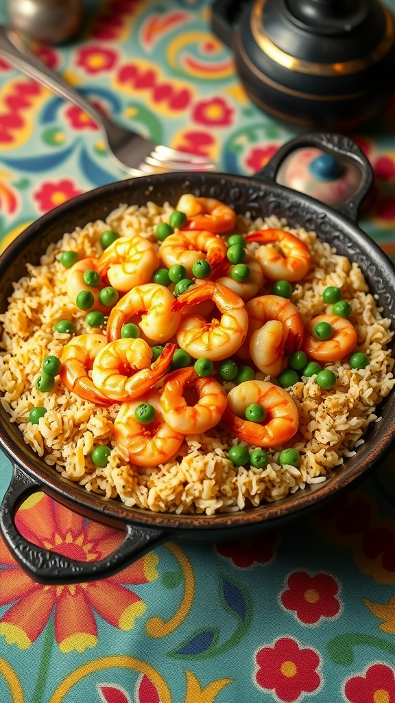 A vibrant dish of shrimp paella topped with peas, served in a traditional paella pan.