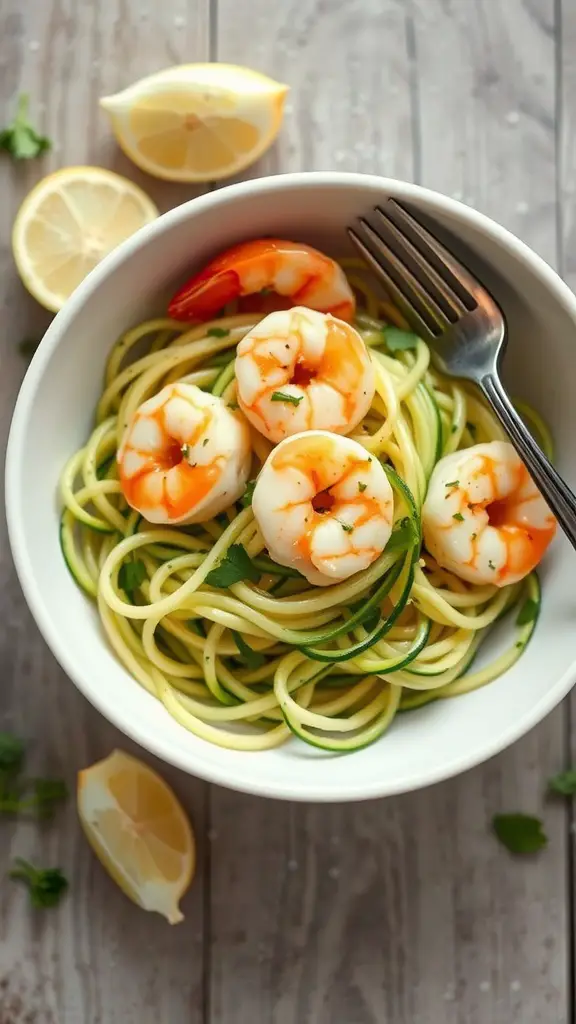 A bowl of shrimp scampi with zucchini noodles, garnished with parsley and lemon.