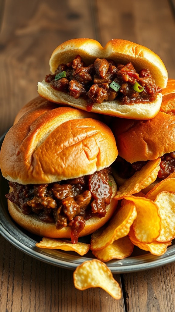 Delicious Sloppy Joes on toasted buns served with potato chips.