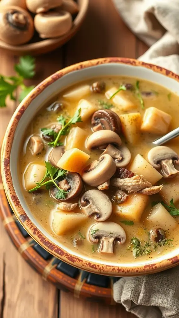 Bowl of chicken and mushroom soup