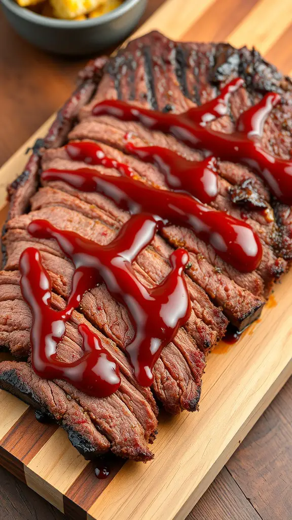 A plate of smoked brisket drizzled with BBQ sauce.