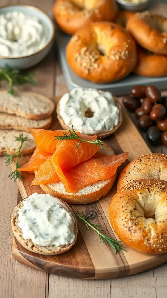 A spread of smoked salmon and dill cream cheese on bagels and crackers.