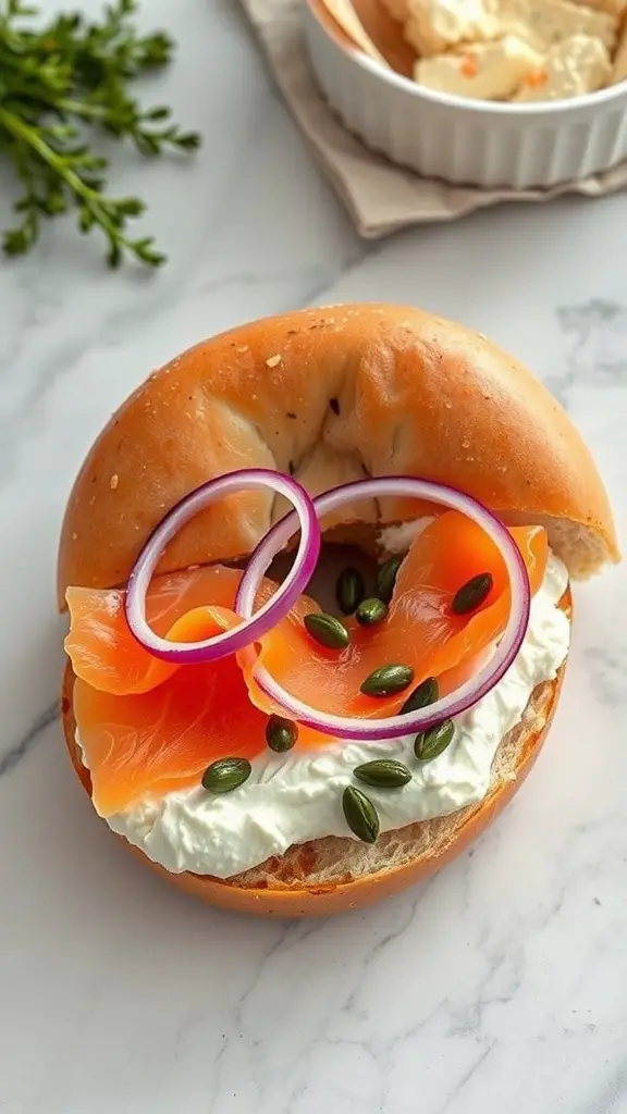 Smoked salmon bagel sandwich with cream cheese, red onion, and garnishes