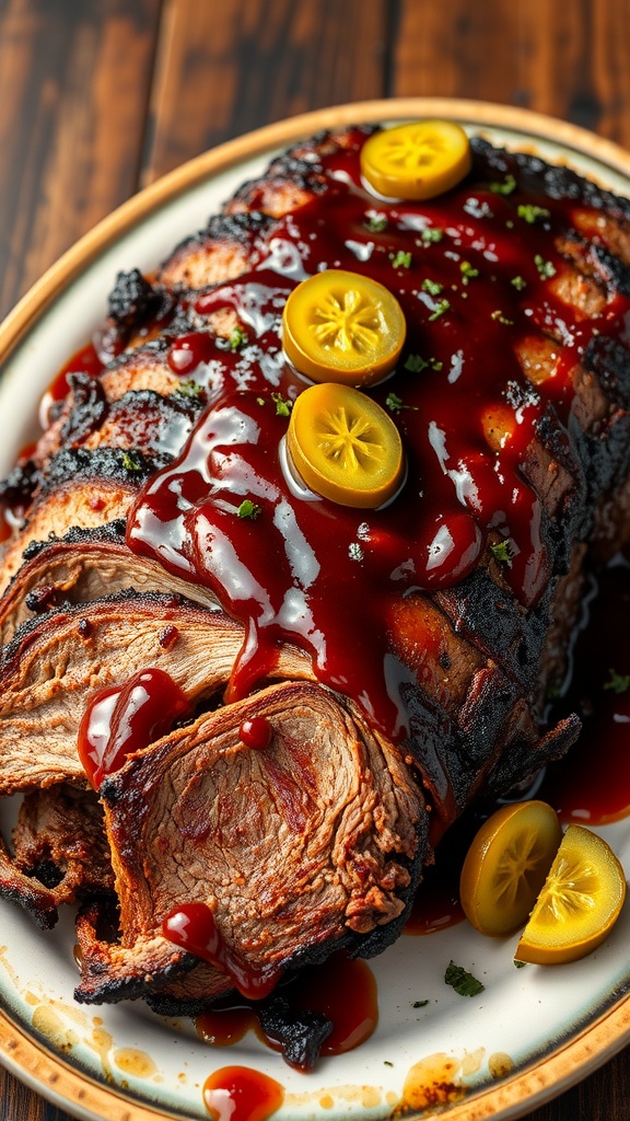 A delicious smoky BBQ brisket garnished with barbecue sauce and lemon slices.