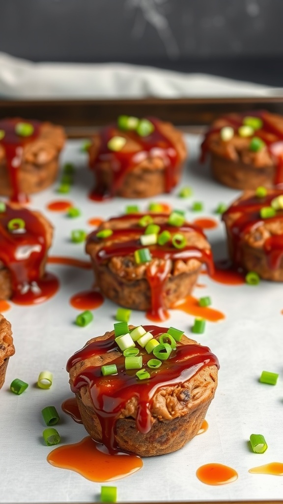 Delicious Smoky BBQ Meatloaf Muffins topped with green onions and BBQ sauce.