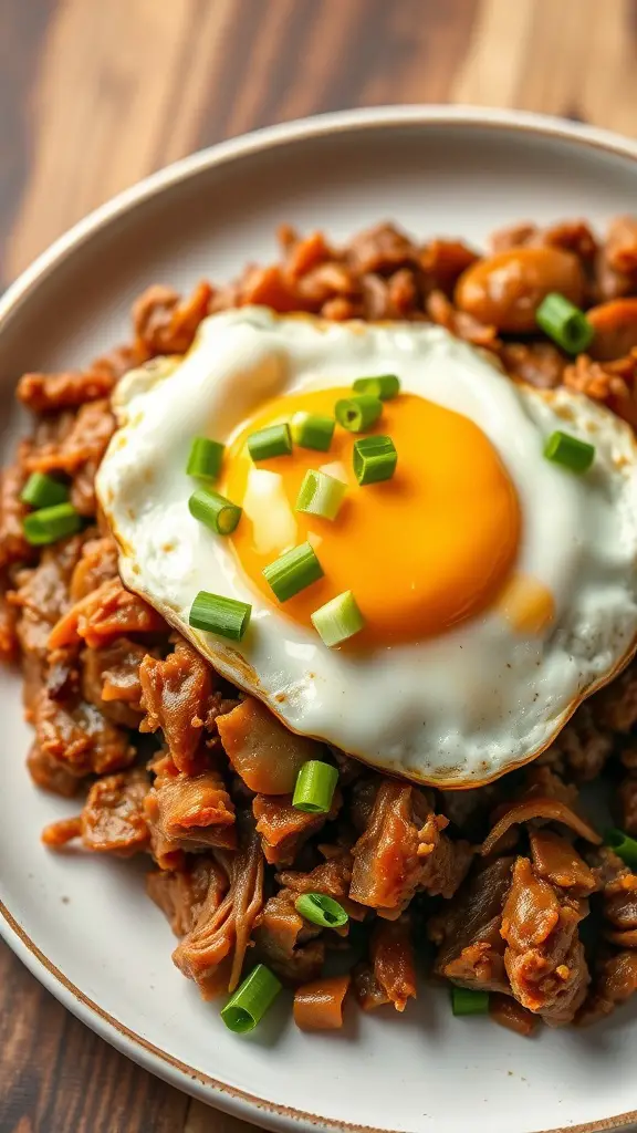 A plate of Smoky BBQ Pulled Pork Hash topped with a fried egg and green onions.
