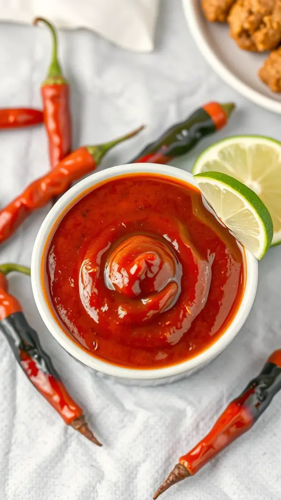 A bowl of smoky chipotle barbecue sauce with fresh ingredients like lime and herbs around it.