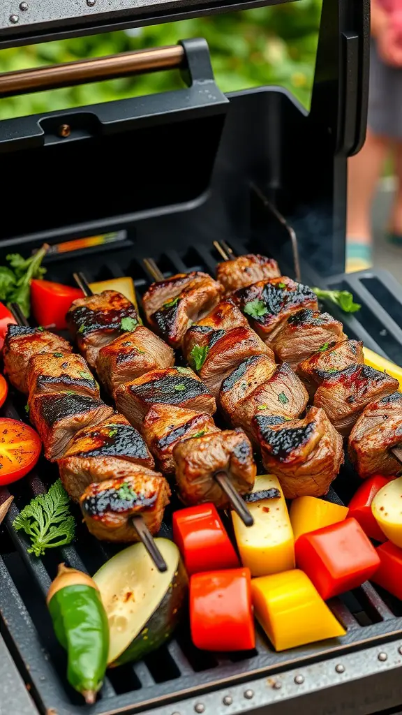 Smoky chipotle beef tenderloin skewers on a grill with colorful vegetables