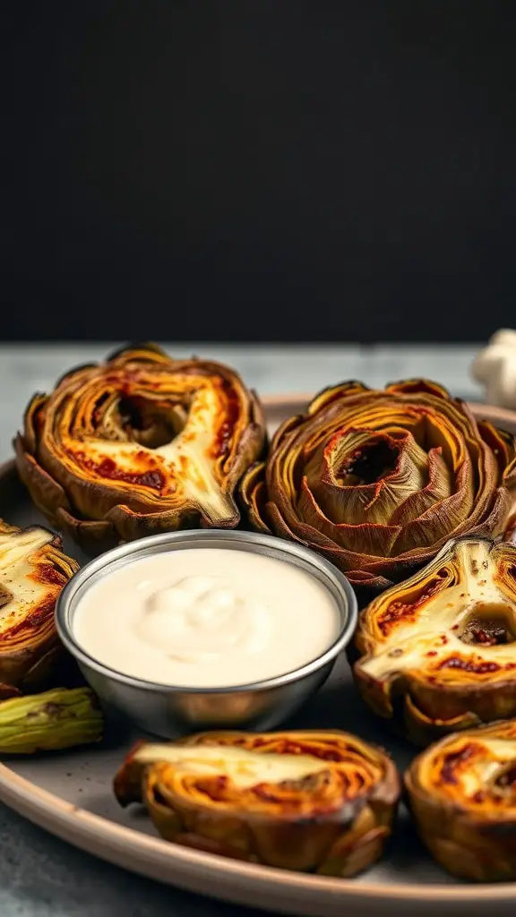 Deliciously grilled artichokes served with a dipping sauce